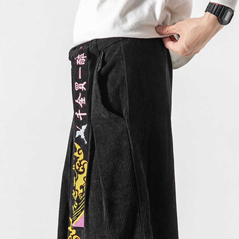 Nimara Ritual Fall Winter Lace-up Chinese Character Embroidery Men's Corduroy Pants With Pockets