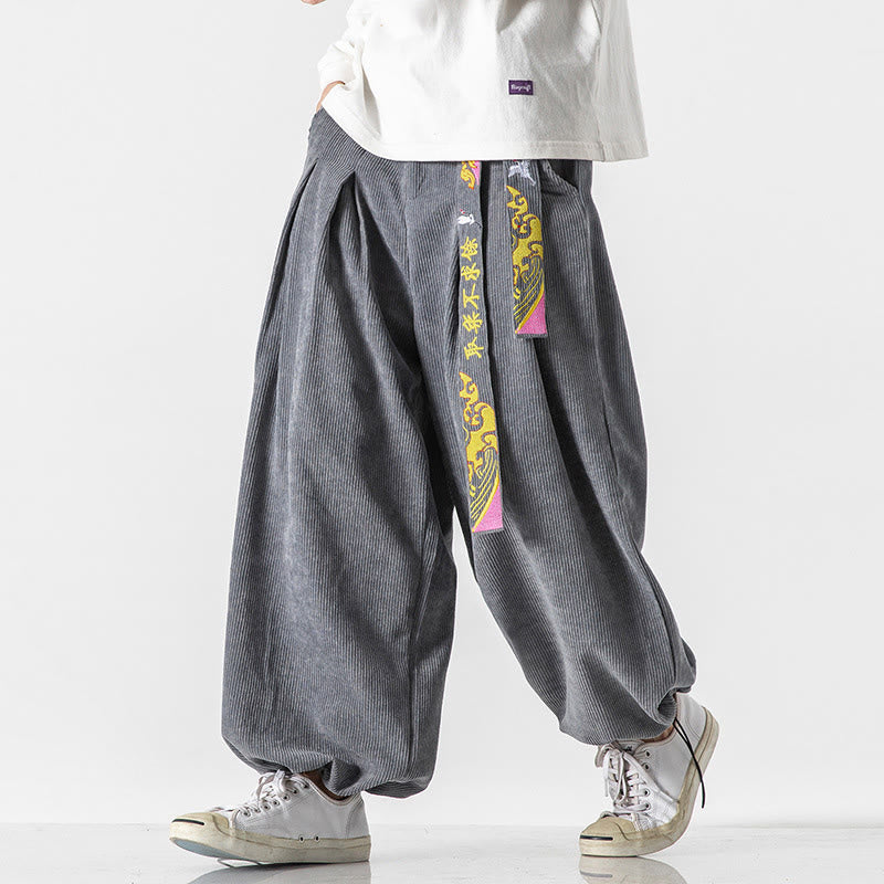 Nimara Ritual Fall Winter Lace-up Chinese Character Embroidery Men's Corduroy Pants With Pockets