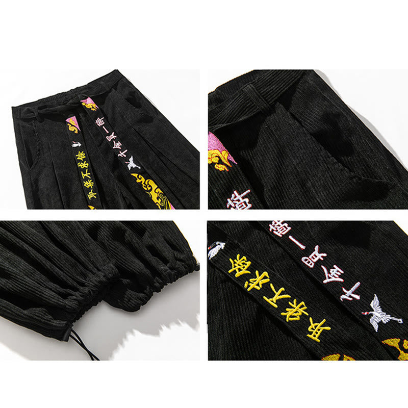Nimara Ritual Fall Winter Lace-up Chinese Character Embroidery Men's Corduroy Pants With Pockets