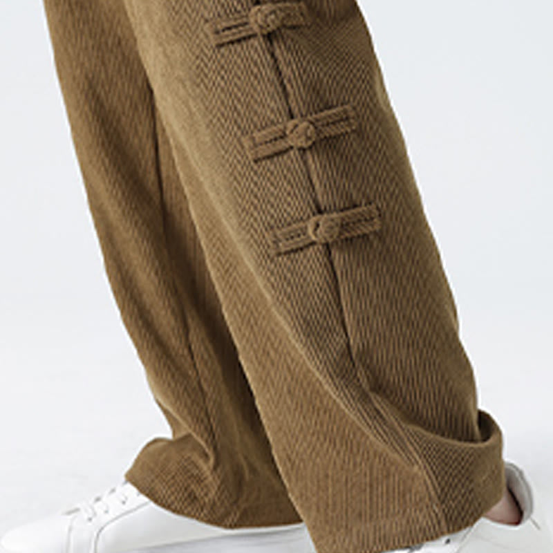 Nimara Ritual Fall Solid Frog-Button Men's Drawstring Corduroy Straight Leg Pants With Pockets