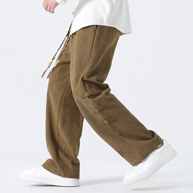 Nimara Ritual Fall Solid Frog-Button Men's Drawstring Corduroy Straight Leg Pants With Pockets