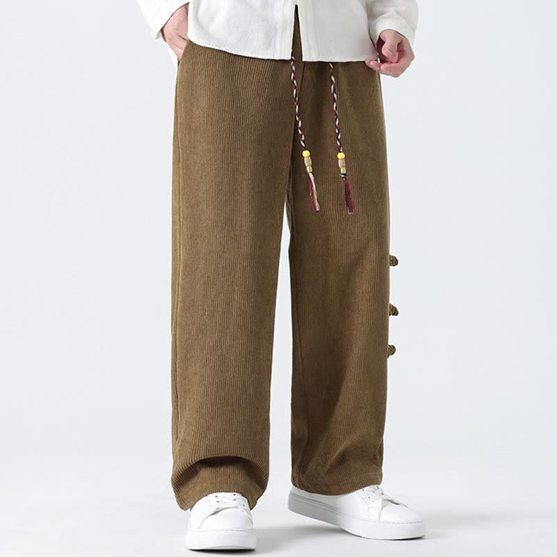 Nimara Ritual Fall Solid Frog-Button Men's Drawstring Corduroy Straight Leg Pants With Pockets