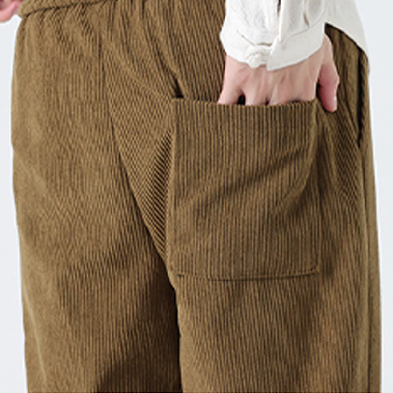 Nimara Ritual Fall Solid Frog-Button Men's Drawstring Corduroy Straight Leg Pants With Pockets