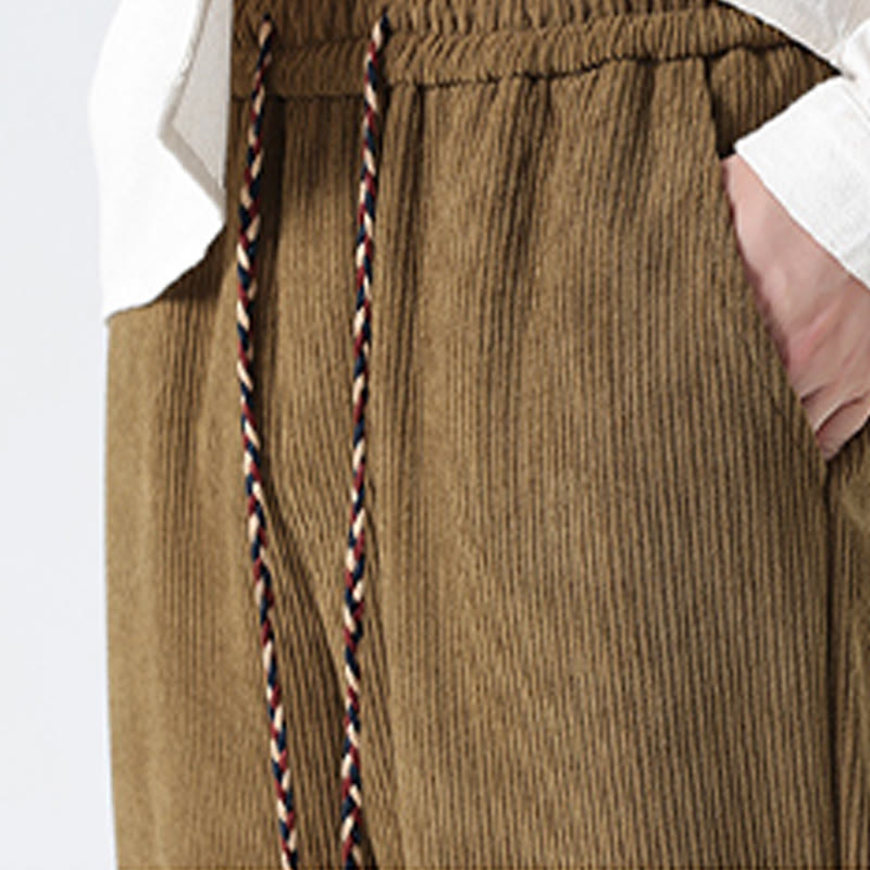 Nimara Ritual Fall Solid Frog-Button Men's Drawstring Corduroy Straight Leg Pants With Pockets