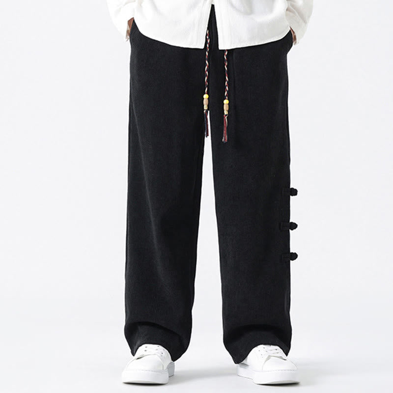 Nimara Ritual Fall Solid Frog-Button Men's Drawstring Corduroy Straight Leg Pants With Pockets