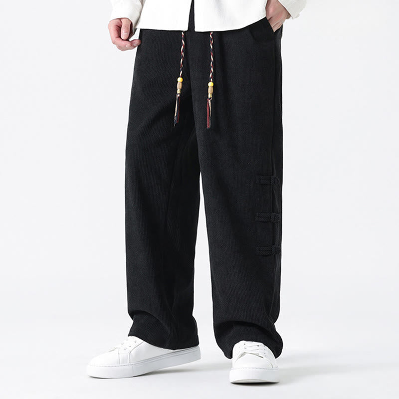 Nimara Ritual Fall Solid Frog-Button Men's Drawstring Corduroy Straight Leg Pants With Pockets