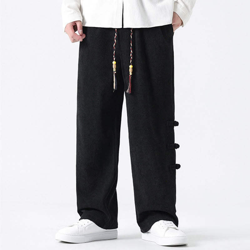 Nimara Ritual Fall Solid Frog-Button Men's Drawstring Corduroy Straight Leg Pants With Pockets