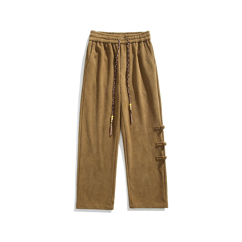 Nimara Ritual Fall Solid Frog-Button Men's Drawstring Corduroy Straight Leg Pants With Pockets