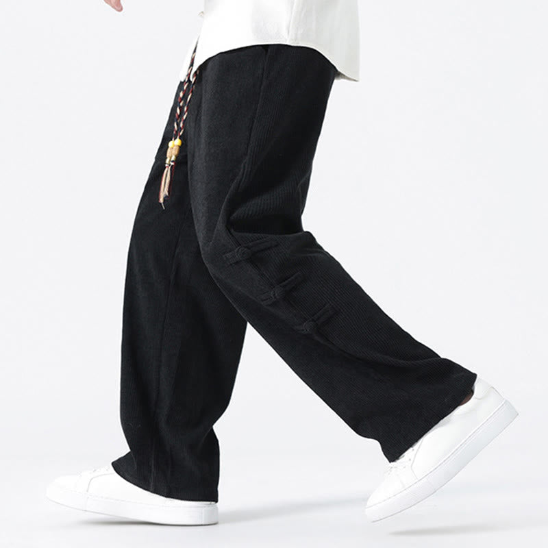 Nimara Ritual Fall Solid Frog-Button Men's Drawstring Corduroy Straight Leg Pants With Pockets