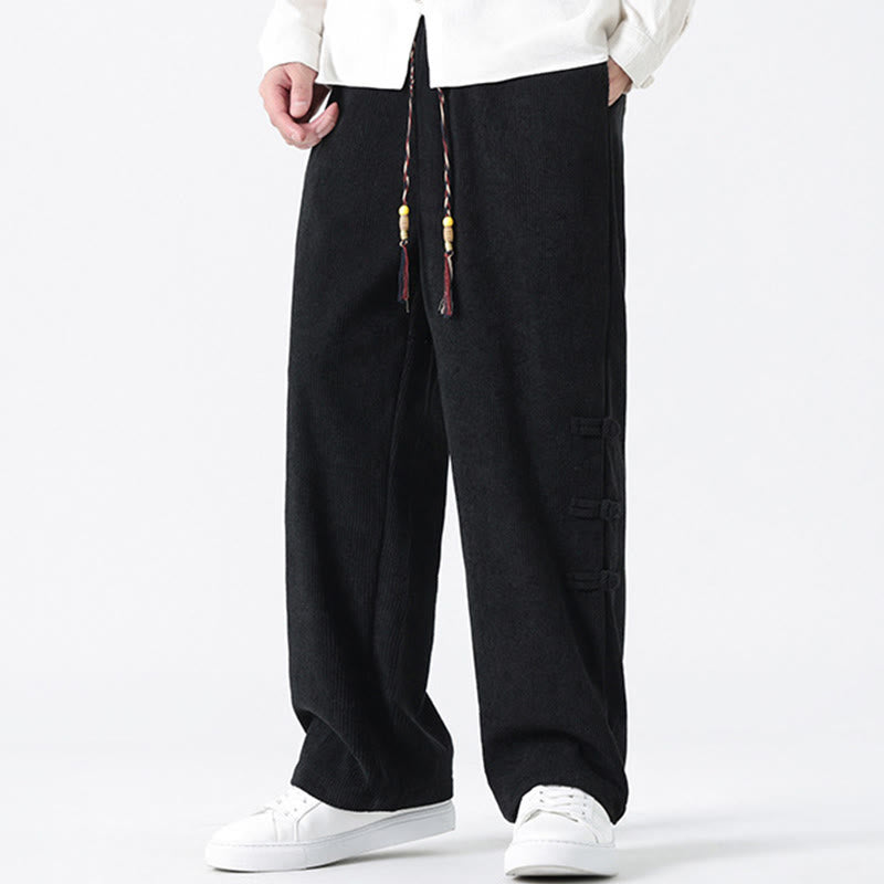 Nimara Ritual Fall Solid Frog-Button Men's Drawstring Corduroy Straight Leg Pants With Pockets
