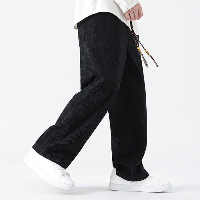 Nimara Ritual Fall Solid Frog-Button Men's Drawstring Corduroy Straight Leg Pants With Pockets