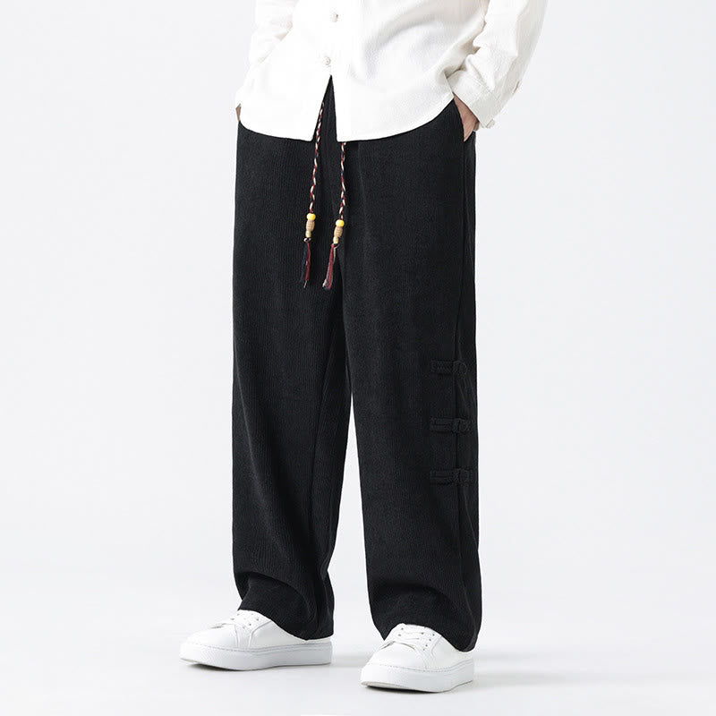 Nimara Ritual Fall Solid Frog-Button Men's Drawstring Corduroy Straight Leg Pants With Pockets