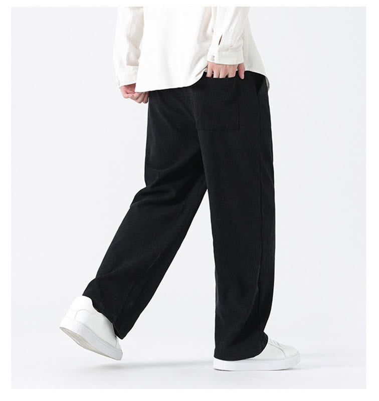Nimara Ritual Fall Solid Frog-Button Men's Drawstring Corduroy Straight Leg Pants With Pockets