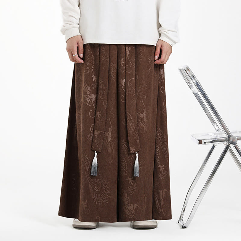 Nimara Ritual Dragon Jacquard Drawstring Design Men's Corduroy Wide Leg Pants With Pockets