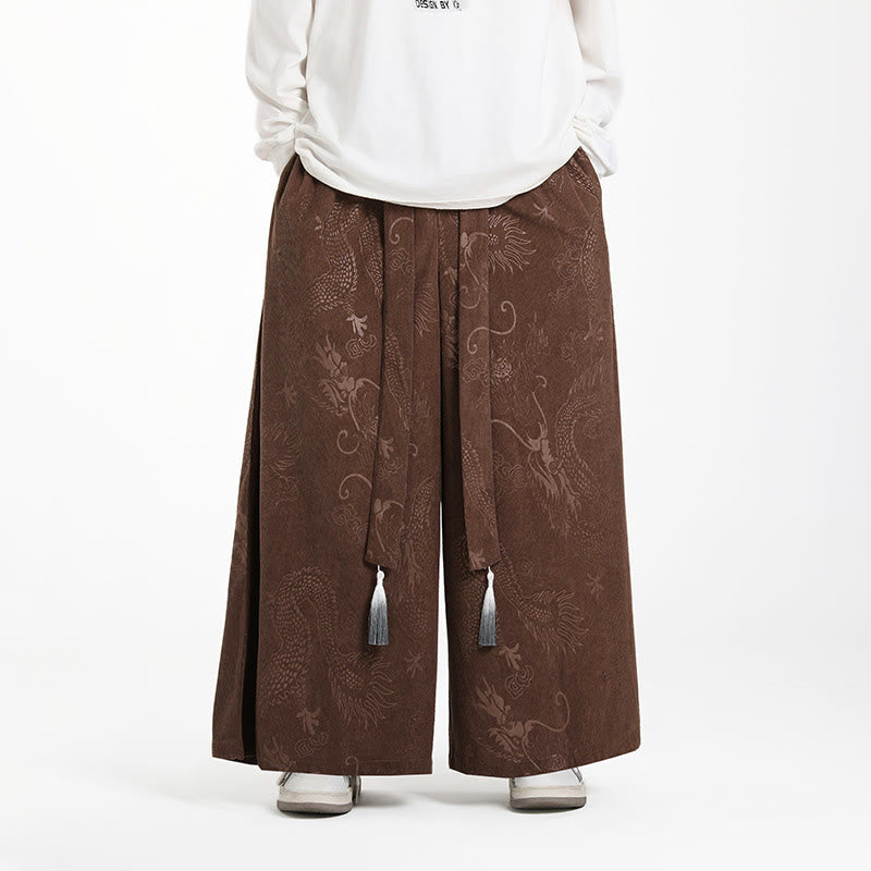 Nimara Ritual Dragon Jacquard Drawstring Design Men's Corduroy Wide Leg Pants With Pockets