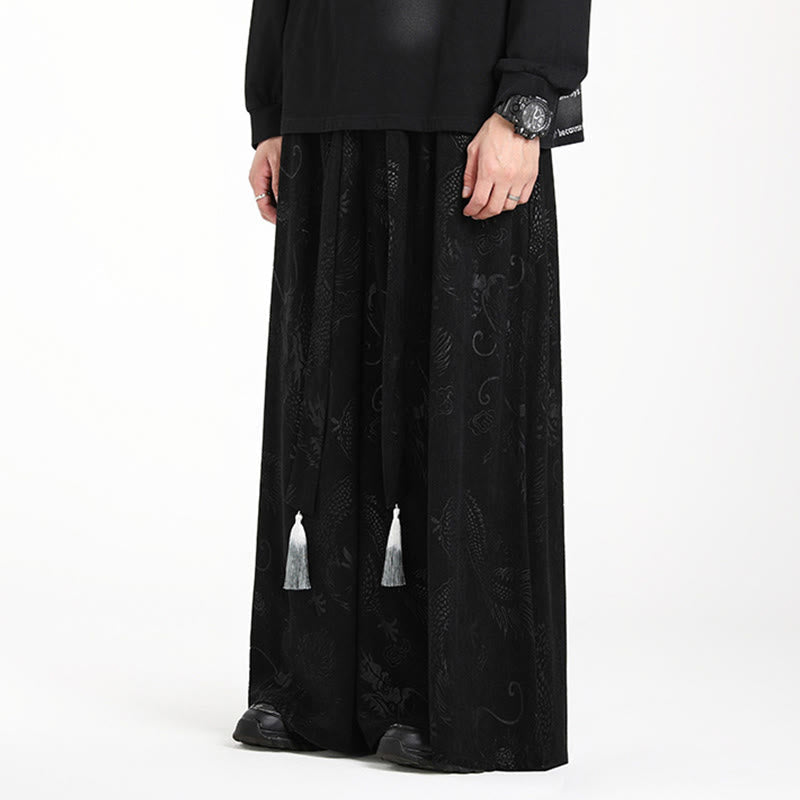 Nimara Ritual Dragon Jacquard Drawstring Design Men's Corduroy Wide Leg Pants With Pockets