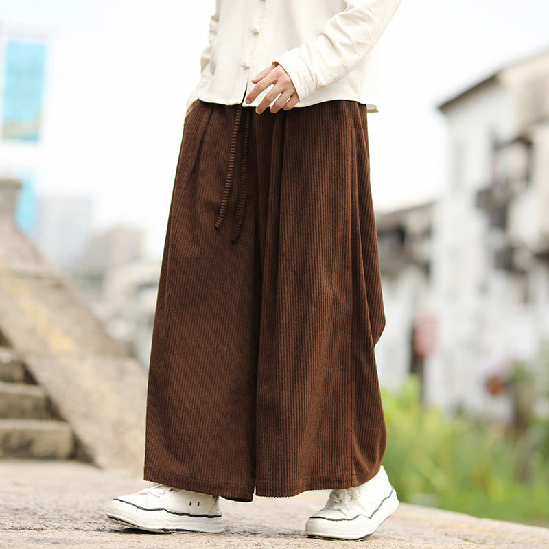 Nimara Ritual Fall Solid Color Drawstring Design Men's Corduroy Wide Leg Pants With Pockets
