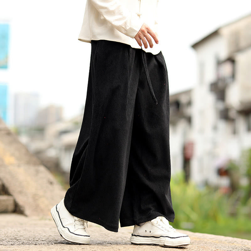 Nimara Ritual Fall Solid Color Drawstring Design Men's Corduroy Wide Leg Pants With Pockets
