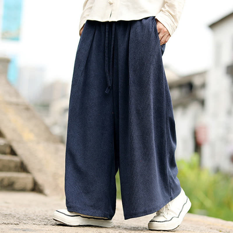 Nimara Ritual Fall Solid Color Drawstring Design Men's Corduroy Wide Leg Pants With Pockets