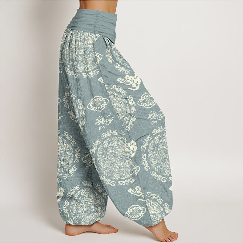 Nimara Ritual Cotton Light Color Dragon Cloud Pattern Women's Elastic Waist Harem Pants