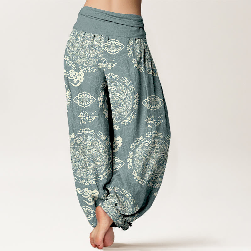 Nimara Ritual Cotton Light Color Dragon Cloud Pattern Women's Elastic Waist Harem Pants