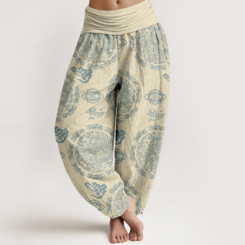 Nimara Ritual Cotton Light Color Dragon Cloud Pattern Women's Elastic Waist Harem Pants