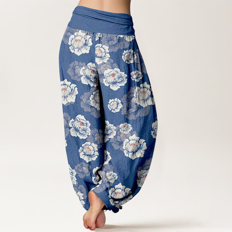 Nimara Ritual Cotton Elegant White Flowers Pattern Women's Elastic Waist Harem Pants