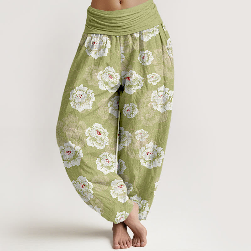 Nimara Ritual Cotton Elegant White Flowers Pattern Women's Elastic Waist Harem Pants