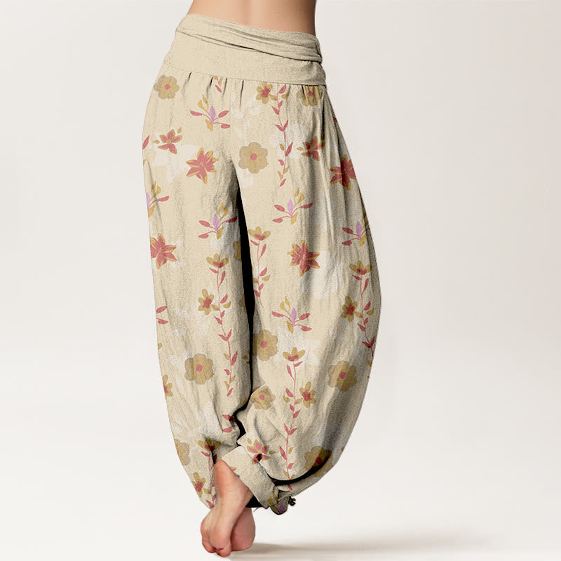 Nimara Ritual Cotton Simple Refreshing Flower Leaf Pattern Women's Elastic Waist Harem Pants