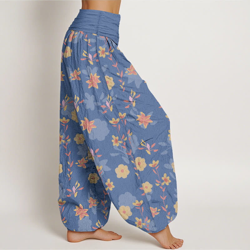 Nimara Ritual Cotton Simple Refreshing Flower Leaf Pattern Women's Elastic Waist Harem Pants