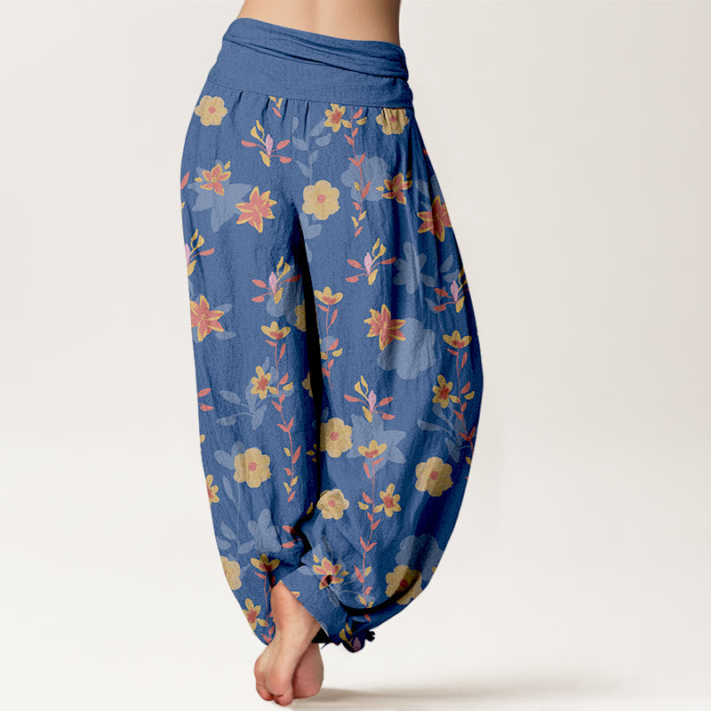 Nimara Ritual Cotton Simple Refreshing Flower Leaf Pattern Women's Elastic Waist Harem Pants