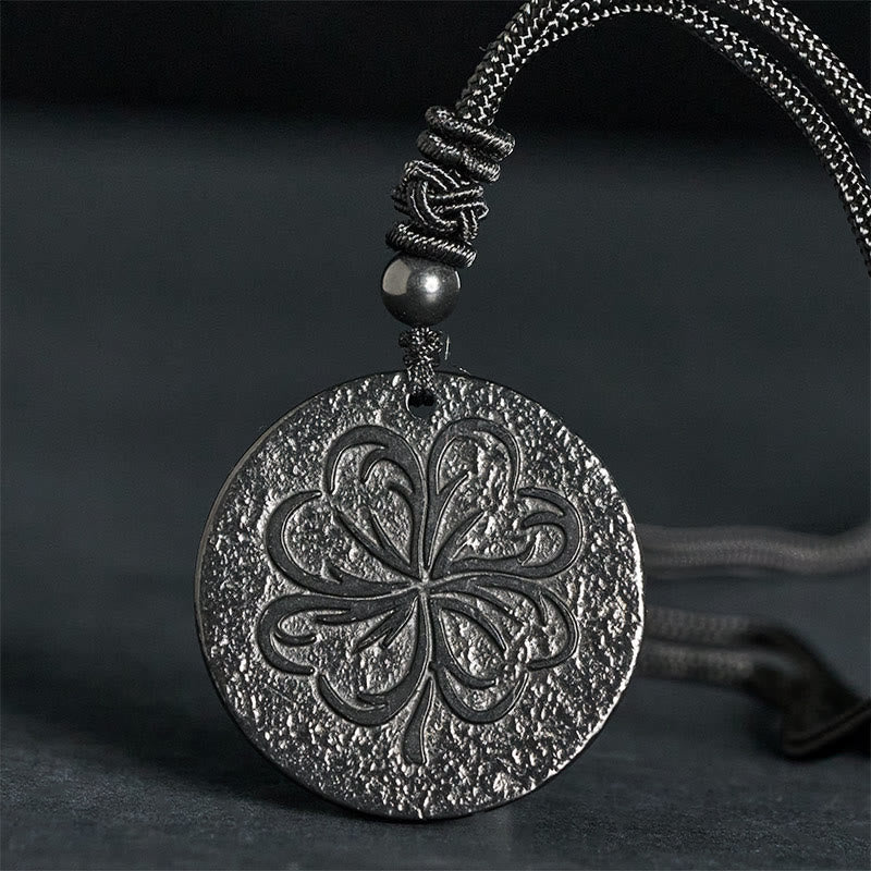 Nimara Ritual Four Leaf Clover Authentic Shungite Stone Graphite Stone Protection Necklace Pendant