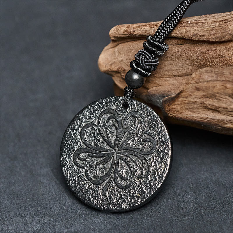 Nimara Ritual Four Leaf Clover Authentic Shungite Stone Graphite Stone Protection Necklace Pendant