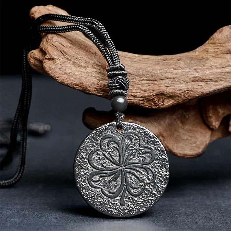 Nimara Ritual Four Leaf Clover Authentic Shungite Stone Graphite Stone Protection Necklace Pendant