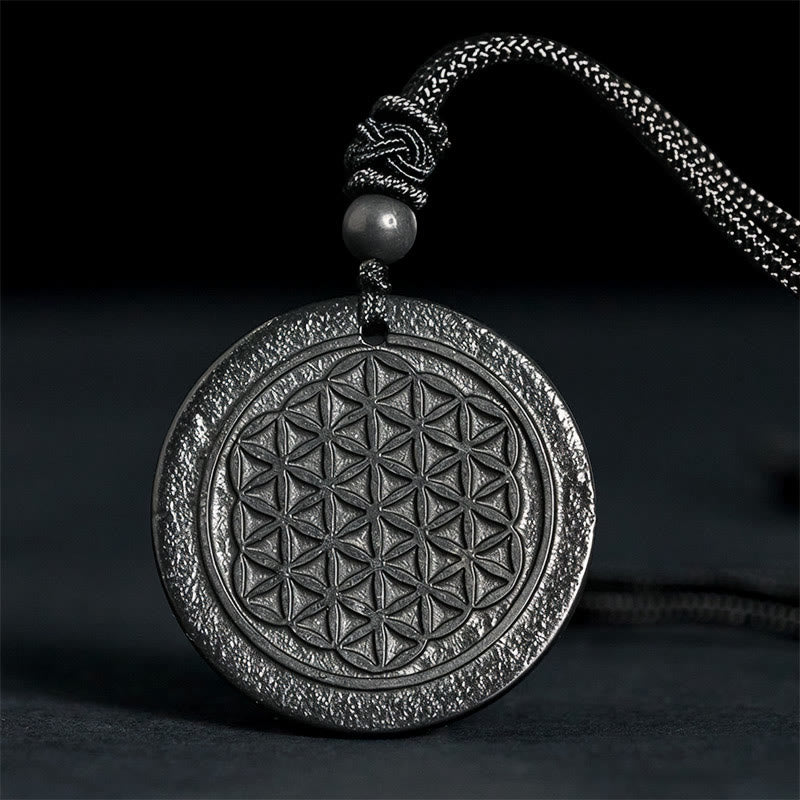 Nimara Ritual Flower of Life Carving Design Authentic Shungite Stone Protection Necklace Pendant