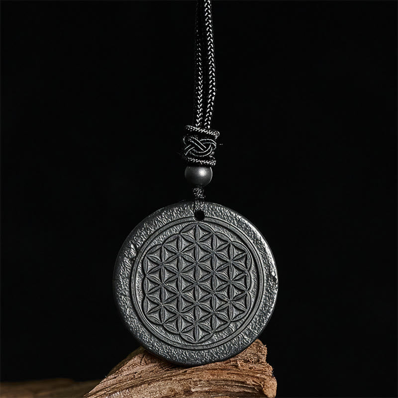 Nimara Ritual Flower of Life Carving Design Authentic Shungite Stone Protection Necklace Pendant
