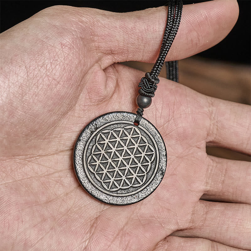 Nimara Ritual Flower of Life Carving Design Authentic Shungite Stone Protection Necklace Pendant
