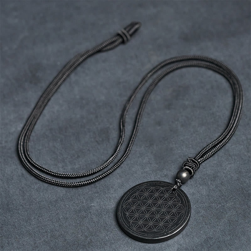 Nimara Ritual Flower of Life Carving Design Authentic Shungite Stone Protection Necklace Pendant