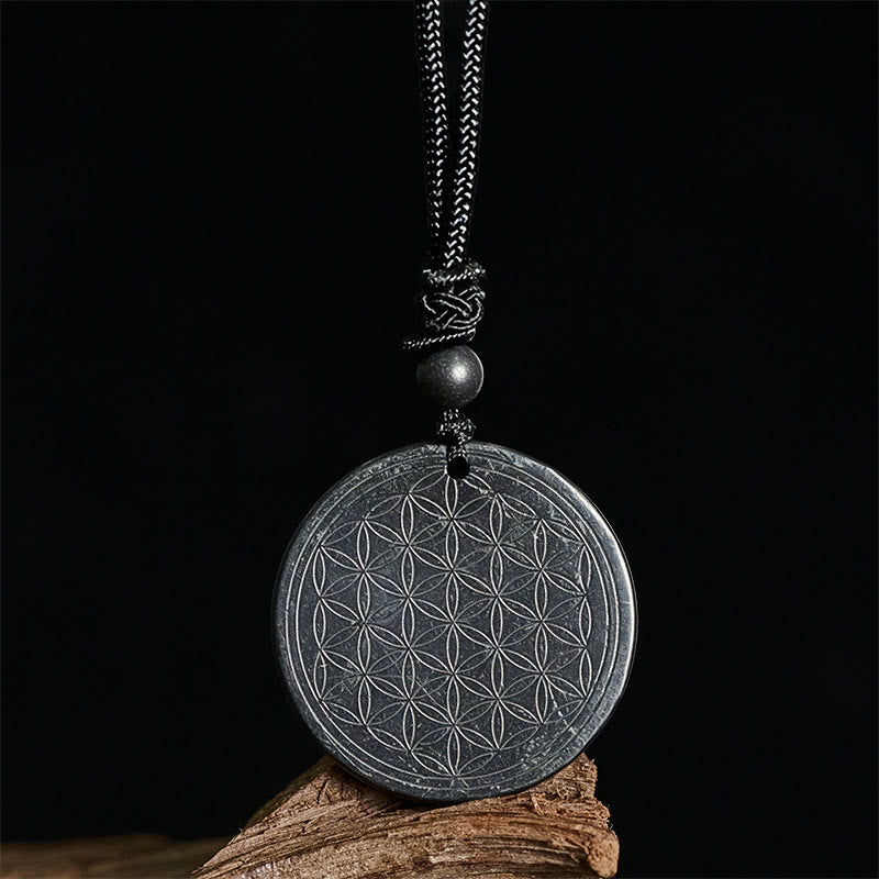 Nimara Ritual Flower of Life Carving Design Authentic Shungite Stone Protection Necklace Pendant