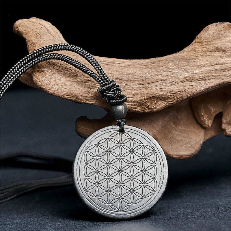 Nimara Ritual Flower of Life Carving Design Authentic Shungite Stone Protection Necklace Pendant