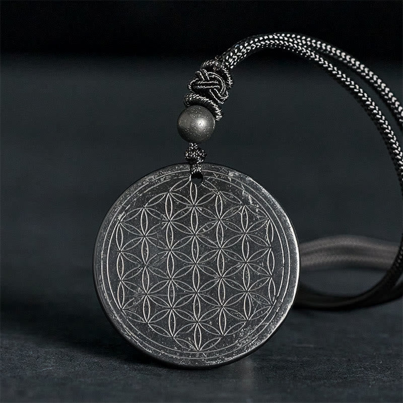 Nimara Ritual Flower of Life Carving Design Authentic Shungite Stone Protection Necklace Pendant