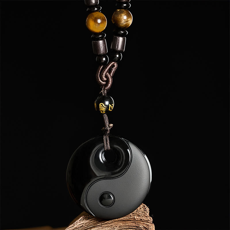 Transformation and Strength Yin Yang Symbol Om Mani Padme Hum Black Obsidian Necklace Pendant