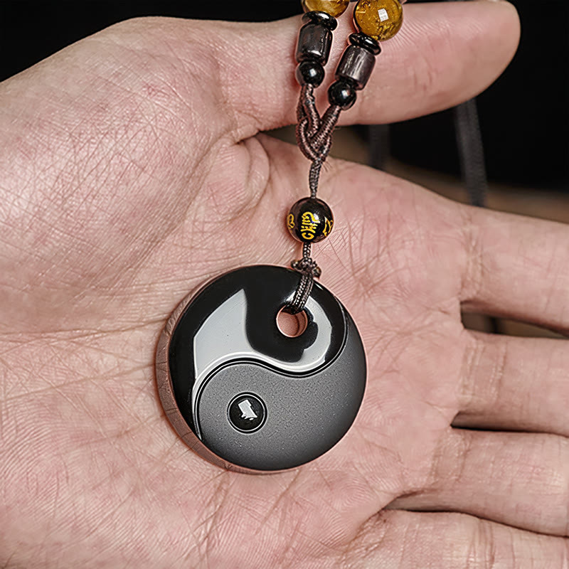 Transformation and Strength Yin Yang Symbol Om Mani Padme Hum Black Obsidian Necklace Pendant