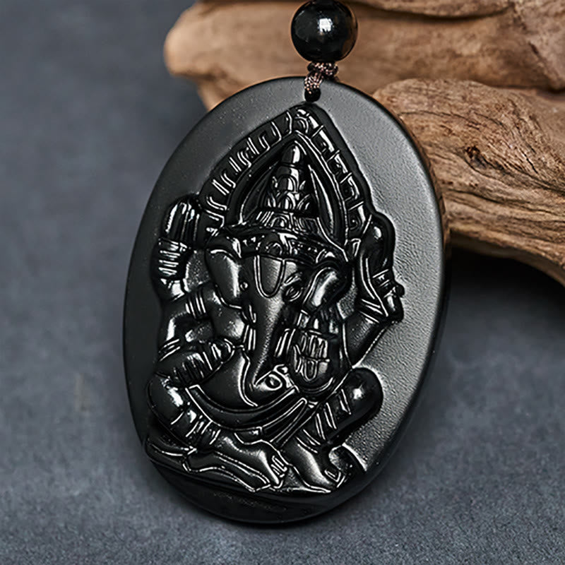 Nimara Ritual Ganesh Elephant Relief Design Natural Black Obsidian Strength Necklace Pendant