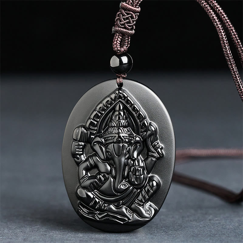 Nimara Ritual Ganesh Elephant Relief Design Natural Black Obsidian Strength Necklace Pendant