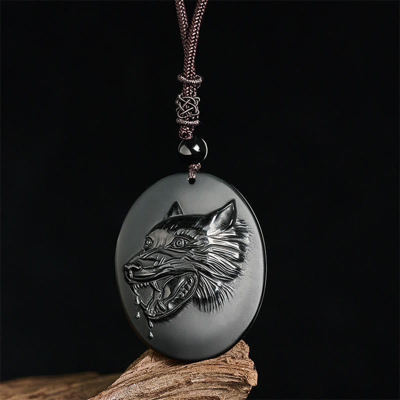 Nimara Ritual Wolf Head Natural Black Obsidian Strength Necklace Pendant
