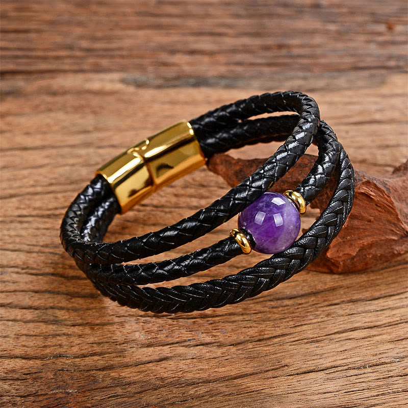 Nimara Ritual Multicolored Bead Green Tiger Eye Amethyst Craved Six True Words Leather Balance Bracelet