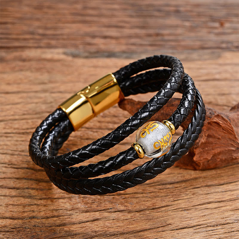 Nimara Ritual Multicolored Bead Green Tiger Eye Amethyst Craved Six True Words Leather Balance Bracelet