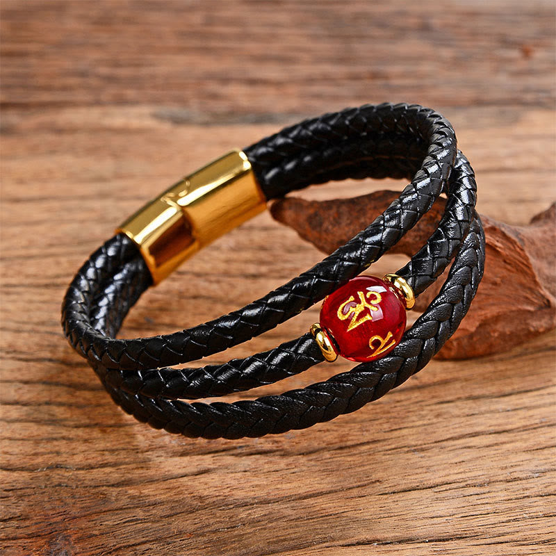 Nimara Ritual Multicolored Bead Green Tiger Eye Amethyst Craved Six True Words Leather Balance Bracelet