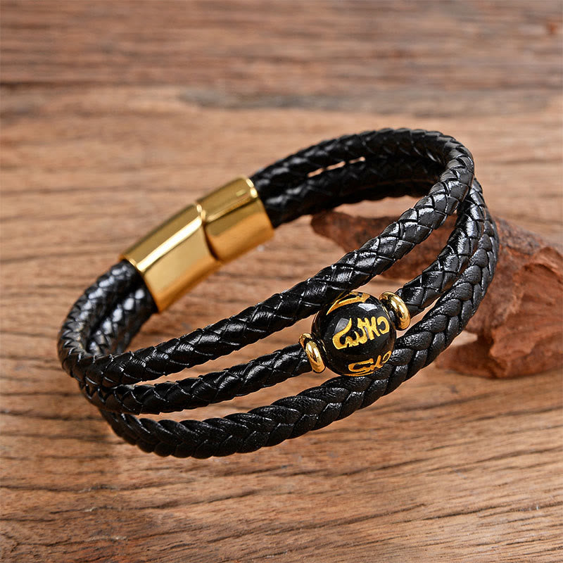 Nimara Ritual Multicolored Bead Green Tiger Eye Amethyst Craved Six True Words Leather Balance Bracelet